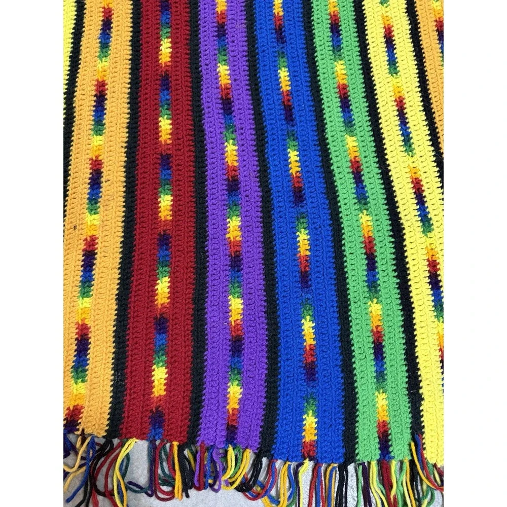 Vintage Handmade Crochet Afghan Blanket Rainbow Striped Fringe 78x47‎ Boho Retro